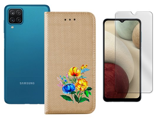 Etui z klapką do SAMSUNG GALAXY A12 M12 magnet złoty case kwiat + szkło 9H MARTECH