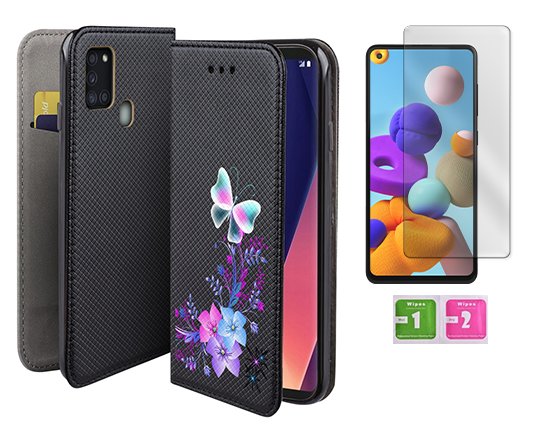 Etui z klapką do SAMSUNG GALAXY A21S smart magnet motyl + szkło na ekran 9H MARTECH