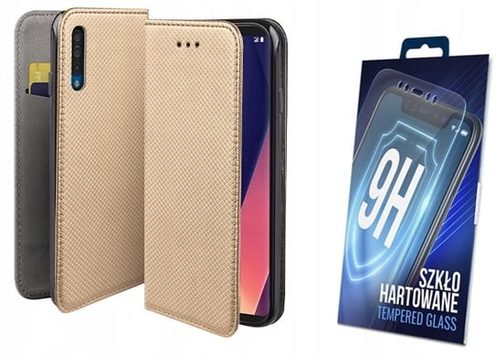 Etui z klapką do SAMSUNG GALAXY A50 złoty smart magnet + szkło na ekran 9H MARTECH