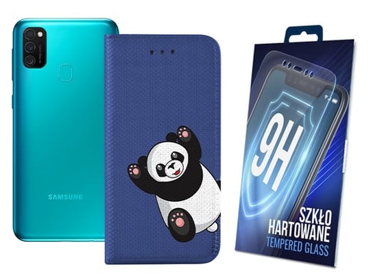 Etui Z Klapką Do Samsung Galaxy M21 Niebieski I Wzór Panda +Szkło Hartowane MARTECH