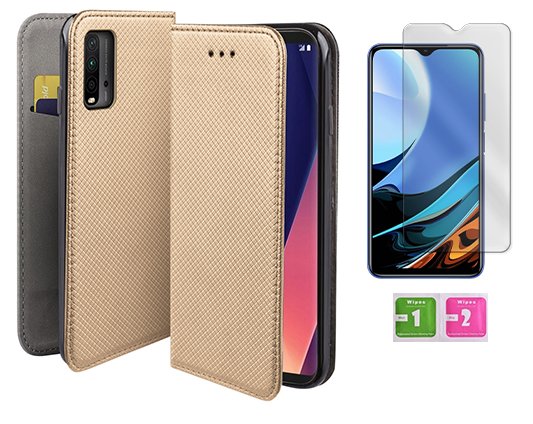 Etui z klapką do XIAOMI REDMI 9T złota smart magnet case + szybka na ekran MARTECH