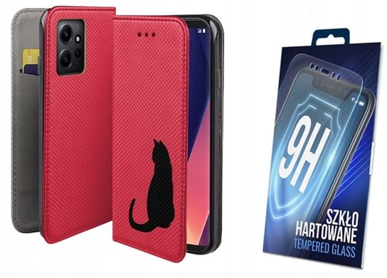 ETUI Z KLAPKĄ DO XIAOMI REDMI NOTE 12 4G WZÓR KOT CZERWONA KABURA + SZKŁO MARTECH