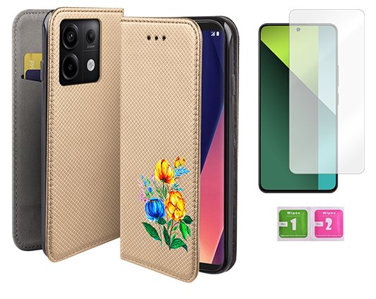 Etui z klapką do XIAOMI REDMI NOTE 13 PRO 5G magnet case złoty kwiat +szkło MARTECH