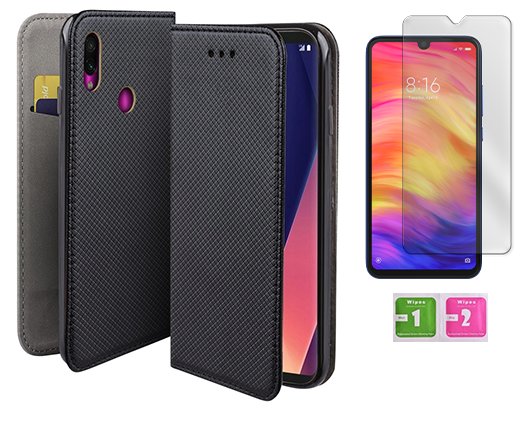 Etui z klapką do XIAOMI REDMI NOTE 7 czarny smart magnet case + szkło 9H MARTECH