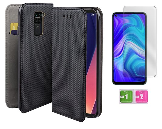 Etui z klapką do XIAOMI REDMI NOTE 9 czarny smart magnet + szkło na ekran MARTECH