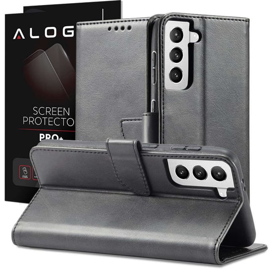 Etui z klapką magnetyczne portfel Alogy skórzane do Samsung Galaxy S22 Plus Czarne + Szkło Alogy