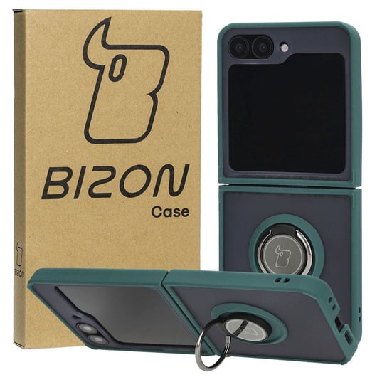 Etui z uchwytem na palec Bizon Case Hybrid Ring do Galaxy Z Flip6, przydymione z ciemnozieloną ramką Bizon