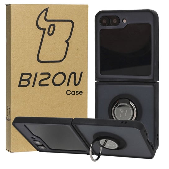 Etui z uchwytem na palec Bizon Case Hybrid Ring do Galaxy Z Flip6, przydymione z czarną ramką Bizon