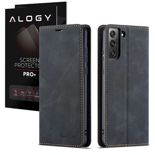 Etui zamykane z klapką portfel Alogy skórzane do Samsung Galaxy S22 Plus Czarne + Szkło Alogy