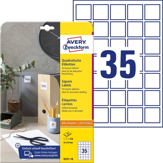 Etykiety kwadratowe Avery Zweckform, A4, 10 ark./op., 35 x 35 mm, białe, trwałe Avery Zweckform