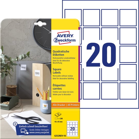 Etykiety kwadratowe Avery Zweckform, A4, 10 ark./op., 45 x 45 mm, białe, usuwalne Avery Zweckform