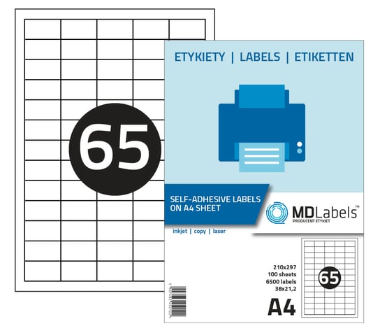 Etykiety naklejki samoprzylepne, 38x21,2mm- 65 SZT NA A4 - 100 ark- 6500 etykiet MDLabels