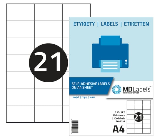 Etykiety naklejki samoprzylepne, 70x42,6 mm, 100 arkuszy MDLabels