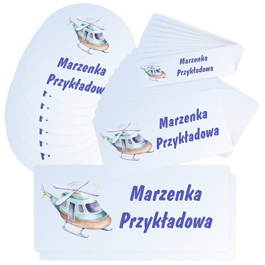 Etykiety naklejki, zestaw naklejek, imienne, imię nazwisko, dla dziecka chłopca, do szkoły przedszkola, na zeszyt, przybory, wodoodporne, HELIKOPTER 30 szt., drukant E-SZK_SAM_M drukant