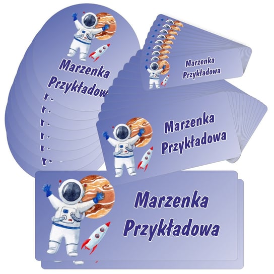Etykiety naklejki, zestaw naklejek, imienne, imię nazwisko, dla dziecka chłopca, do szkoły przedszkola, na zeszyt, przybory, wodoodporne, KOSMOS 30szt., drukant E-SZK_KOS_M drukant