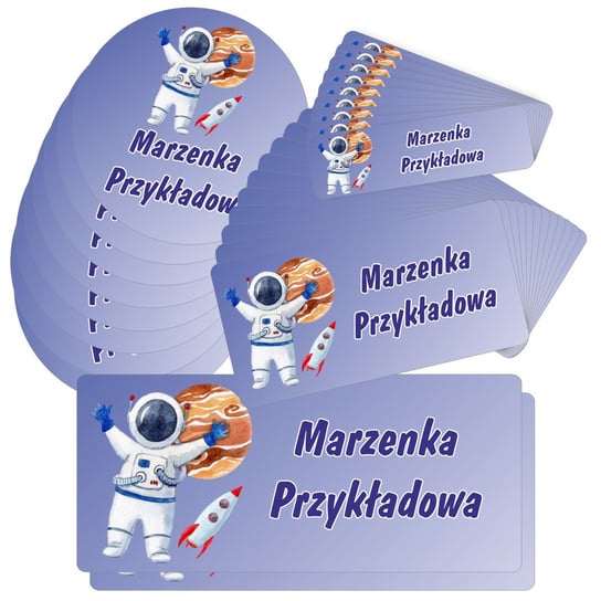 Etykiety naklejki, zestaw naklejek, imienne, imię nazwisko, dla dziecka chłopca, do szkoły przedszkola, na zeszyt, przybory, wodoodporne, KOSMOS 40 szt., drukant E-SZK_KOS_S drukant