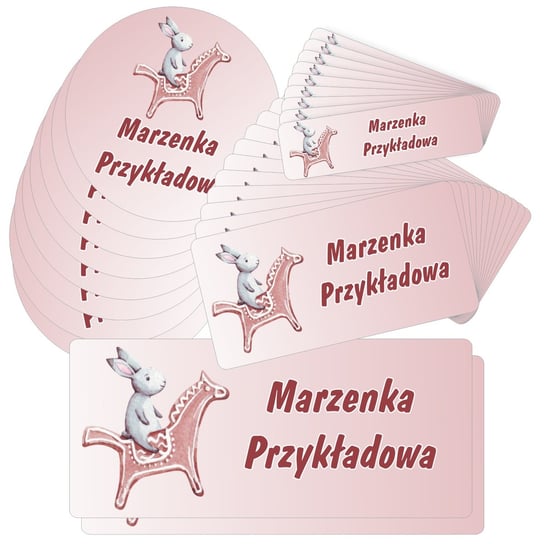 Etykiety naklejki, zestaw naklejek, imienne, imię nazwisko, dla dziecka dziewczynki, do szkoły przedszkola, na zeszyt, przybory, wodoodporne,  KRÓLIK 40 szt., drukant E-SZK_KRO_S drukant