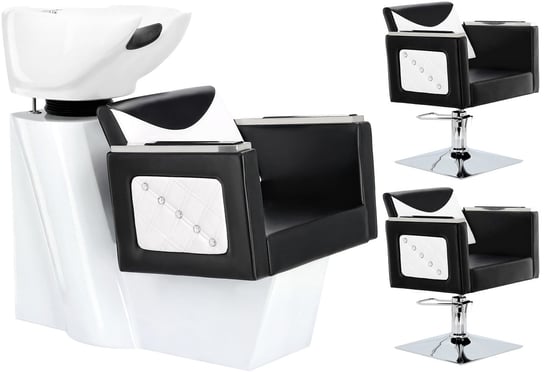 Eve White zestaw myjnia fryzjerska i 2 x fotel fryzjerski hydrauliczny obrotowy do salonu fryzjerskiego myjka ruchoma misa ceramiczna armatura bateria słuchawka ENZO