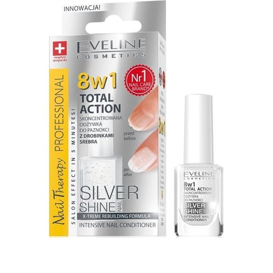 Eveline Cosmetics, 8in1 Total Action, odżywka do paznokci z drobinkami srebra Silver Shine, 12 ml Eveline Cosmetics