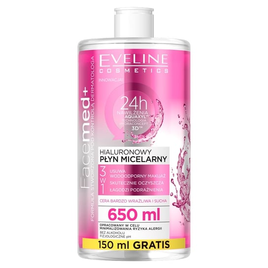 Eveline Cosmetics, Facemed+, hialuronowy płyn micelarny 3w1- cera bardzo wrażliwa i sucha, 650 ml Eveline Cosmetics