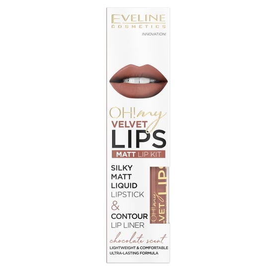 Eveline Cosmetics, Oh! My Velvet Lips, Zestaw: matowa pomadka w płynie i konturówka, nr 12 Praline Eclair Eveline Cosmetics