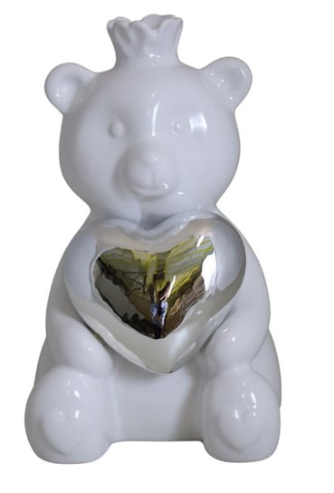 Ewax, Mały ceramiczny Miś ze srebrnym sercem, 232220-10, biały, 7x7,5x11 cm Ewax