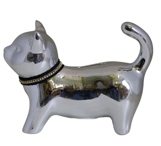 Ewax, Skarbonka ceramiczna Kot z naszyjnikiem 232225-18, srebrna, 18x7x13,5 cm Ewax