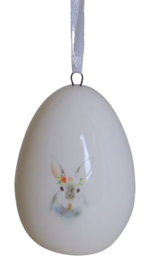 Ewax, Zawieszka jajko ceramiczne,  en24056, białe z króliczkiem, 3,9x3,9x6 cm Ewax