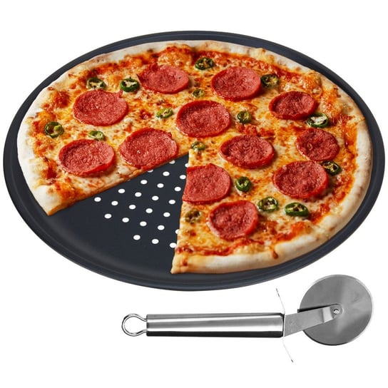 Excellent Houseware Forma do pieczenia pizzy blacha na pizzę perforowana radełko nóż do krojenia zestaw 2 el. 32 cm EH Excellent Houseware