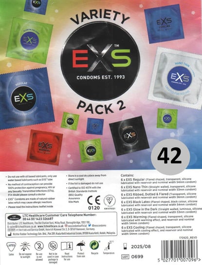 EXS Variety Pack 2 wegańskie prezerwatywy mix , wyrób medyczny, 42 sztuki EXS