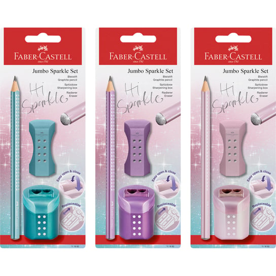 Faber-Castell, Jumbo Sparkle Cosmic, Zestaw  (ołówek + Temperówka Rollon + Gumka Rollon) Mix Kolorów Blister Faber-Castell