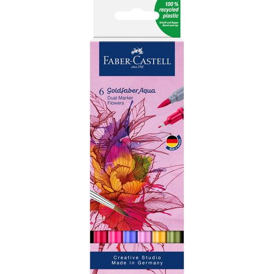 Faber-Castell, Pisak akwarelowy GOLDFABER AQUA dwustronny,  zestaw FLOWERS 6 szt. Faber-Castell