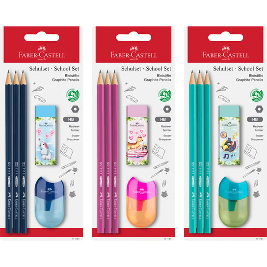 Faber-Castell, zestaw szkolny - ołówek 3 szt. + temperówka + gumka, mix kolorów Faber-Castell