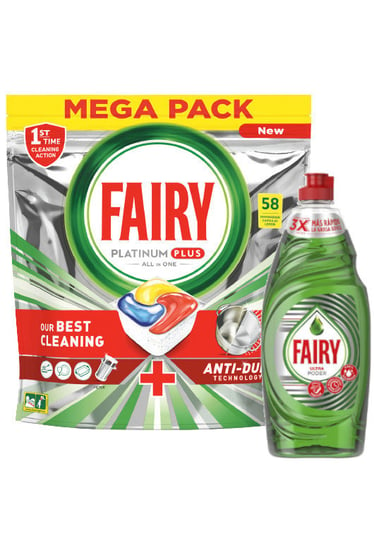 Fairy Platinum PLUS Tabletki Zmywarki 58szt Lemon + Płyn Fairy/Dreft/Yes/Jar/Joy/Cascade