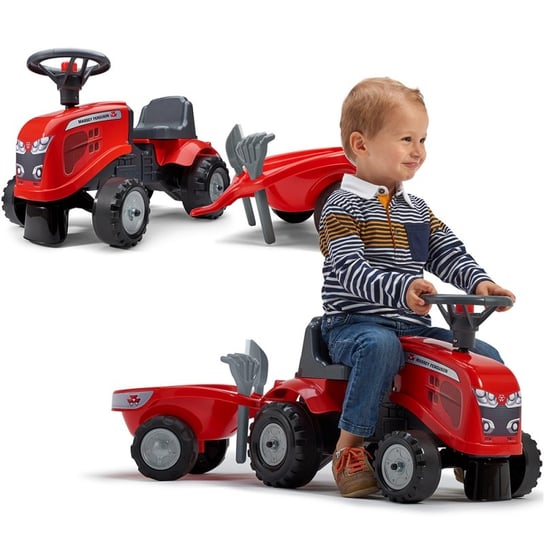 FALK Traktorek Baby Massey Ferguson Czerwony z Przyczepką + akc. Od 1 roku FALK