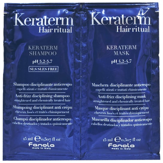 Fanola Keraterm Hair Ritual 15+15ml zestaw szampon+maska wygładzająca do włosów w saszetkach, zapobiega puszeniu Fanola