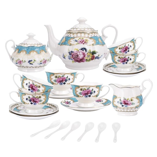 Fanquare 15 Sztuk Zestaw Do Herbaty Turkusowy Brytyjska Porcelana Zestaw Kawy Ceramiczny Różowe Kwiaty Zestaw Do Kawy Zestaw Ślubny Dla Dorosłych Inna marka