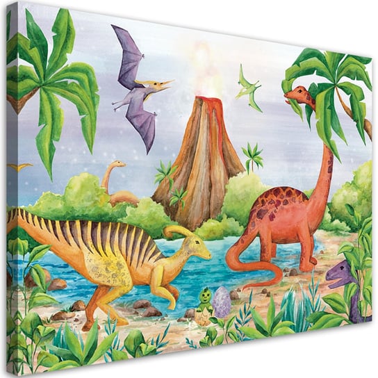 Feeby Obraz na płótnie, FEEBY Dinozaury nad jeziorem 100x70 Feeby