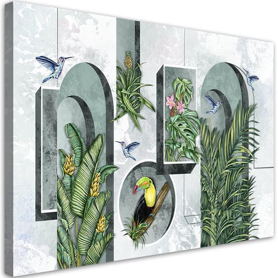Feeby Obraz na płótnie, FEEBY Kształty w ścianie z roślinami i ptakami tukan koliber 100x70 Feeby