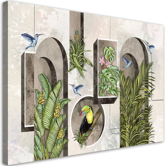 Feeby Obraz na płótnie, FEEBY Kształty w ścianie z roślinami i ptakami tukan koliber 60x40 Feeby
