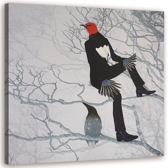 Feeby Obraz na płótnie, FEEBY Ptak w garniturze siedzący na gałęzi - Lili Chartrand 50x50 Feeby