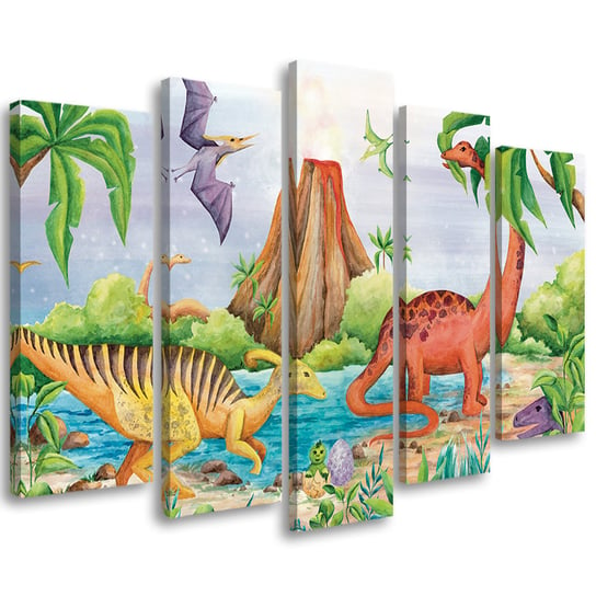 Feeby Obraz pięcioczęściowy na płótnie, FEEBY Dinozaury nad jeziorem 100x70 Feeby