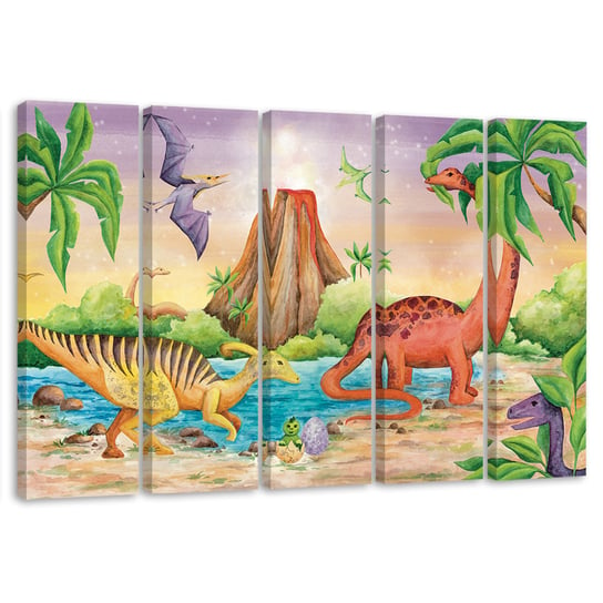 Feeby Obraz pięcioczęściowy na płótnie, FEEBY Dinozaury nad jeziorem 150x100 Feeby