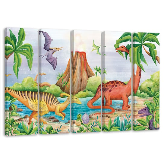 Feeby Obraz pięcioczęściowy na płótnie, FEEBY Dinozaury nad jeziorem 150x100 Feeby