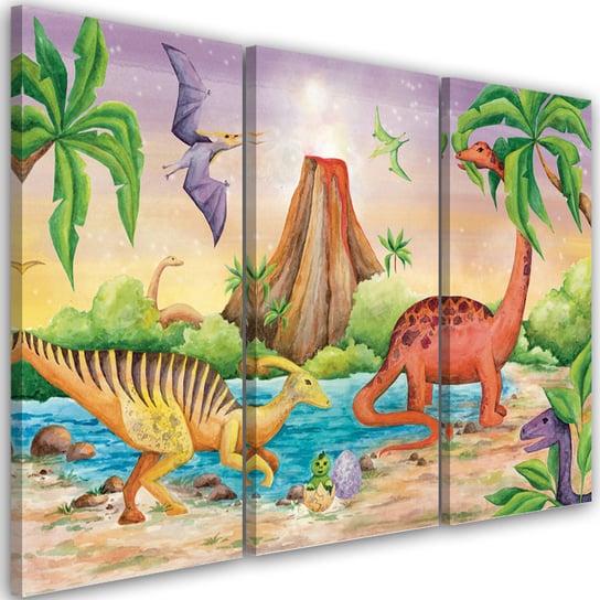 Feeby Obraz trzyczęściowy na płótnie, FEEBY Dinozaury nad jeziorem 120x80 Feeby