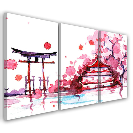 Feeby Obraz trzyczęściowy na płótnie, FEEBY Japonia Pejzaż Różowy 150x100 Feeby