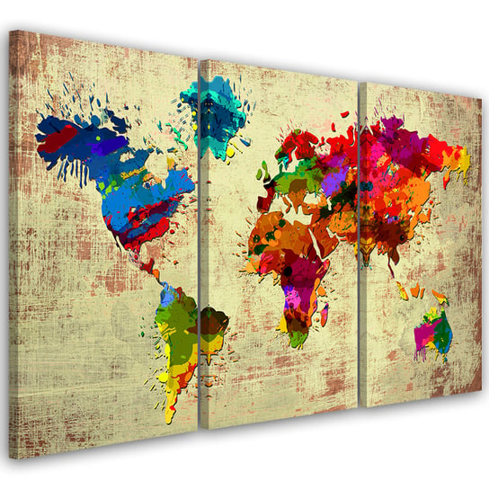 Feeby Obraz trzyczęściowy na płótnie, FEEBY Kolorowa Mapa Świata 150x100 Feeby