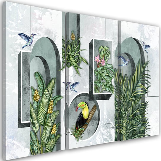 Feeby Obraz trzyczęściowy na płótnie, FEEBY Kształty w ścianie z roślinami i ptakami tukan koliber 150x100 Feeby