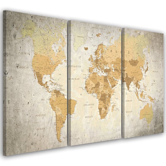 Feeby Obraz trzyczęściowy na płótnie, FEEBY Mapa Świata Brązowy 150x100 Feeby