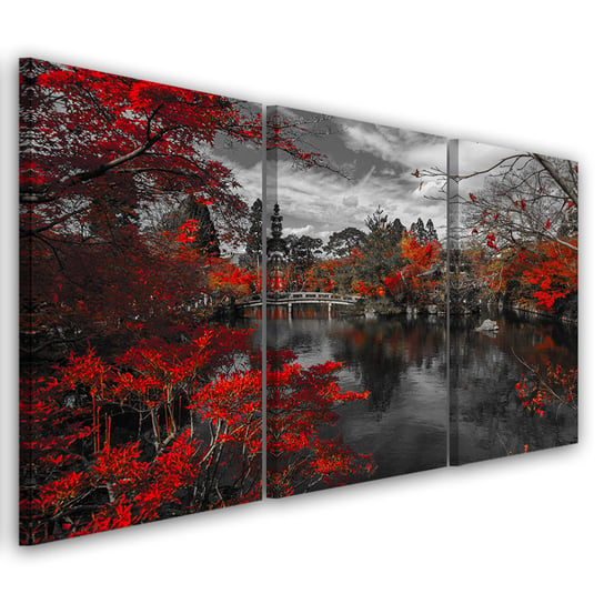 Feeby Obraz trzyczęściowy na płótnie, FEEBY Ogród Japoński Czerwony 150x100 Feeby